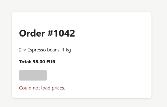 The “Order #1042” test page before the fix: an unreadable grey pay button and the message “Could not load prices.”