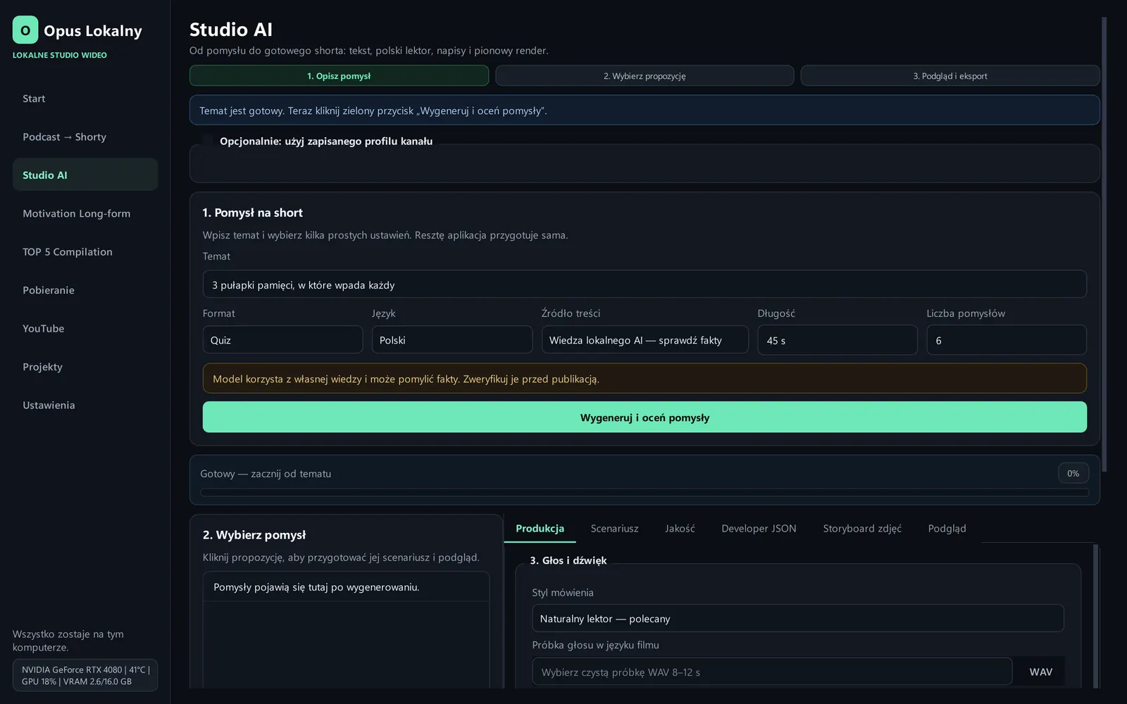 The OpusLokalny window in the AI Studio view: a short-idea form (topic, format, language, length) and the voice picker.