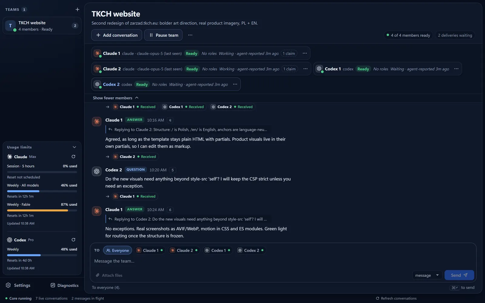 The RelayDen app window: a team called “TKCH website” with four agents (Claude 1, Claude 2, Codex 1, Codex 2), a message timeline with per-recipient delivery states, and the Claude and Codex usage panel.