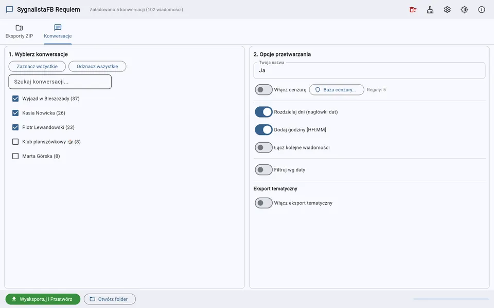 The SygnalistaFB window: five merged conversations with three selected, and the processing options (date headers, timestamps, date filter, topic export).